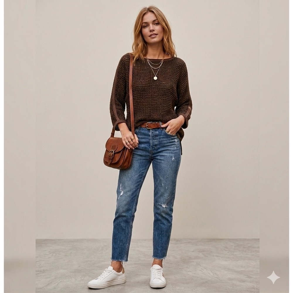 Vintage Y2K Necessary‎ Objects Knit Top Womens M Brown Fishnet Mesh Grunge Boho